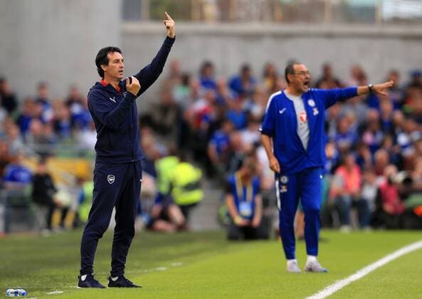 Arsenal manager Unai Emery and Chelsea manager Maurizio Sarri shout instructions during the pre season friendly match at the Aviva Stadium, Dublin. Picture date 1st August 2018. Picture credit should read: Matt McNulty Sportimage EDITORIAL USE ONLY. No use with unauthorised audio, video, data, fixture lists, club league logos or live services. Online in-match use limited to 120 images, no video emulation. No use in betting, games or single club league player publications.