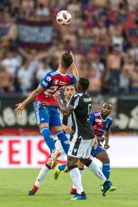 Soccer Champions League Second qualifying round 18 19 FC Basel 1893 PAOK Salonika 01 08 2018 Albian Ajeti FCB 22 in action with Fernando Varela PAOK 5 in Champions League qualifying round 2 Match between FC Basel 1893 and FC PAOK Salonika on Wednesday 01 August 2018 St Jakob Park in Basel xGRGx