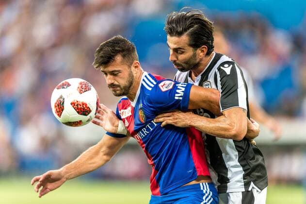 Soccer Champions League Second qualifying round 18 19 FC Basel 1893 PAOK Salonika 01 08 2018 Albian Ajeti FCB 22 in action with José Ángel Crespo PAOK 15 in Champions League qualifying round 2 Match between FC Basel 1893 and FC PAOK Salonika on Wednesday 01 August 2018 at St Jakob Park in Basel xGRGx