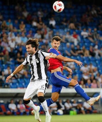 01 08 2018 St Jakob Park Basel SWITZERLAND Season 2018 2019 UEFA Champions League Qualifying return FC Basel PAOK Salonika Jose Angel Crespo li PAOK v Albian Ajeti FC Basel