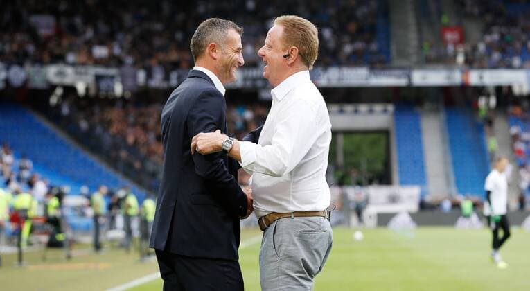 01 08 2018 St Jakob Park Basel SWITZERLAND Season 2018 2019 UEFA Champions League Qualifying return leg FC Basel PAOK Salonika Coach Alexander Frei FC Basel TV expert Rolf Fringer