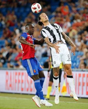 01 08 2018 St Jakob Park Basel SWITZERLAND Season 2018 2019 UEFA Champions League Qualifying return leg FC Basel PAOK Salonika Eder Balanta left FC Basel against Aleksandar Prijovic PAOK