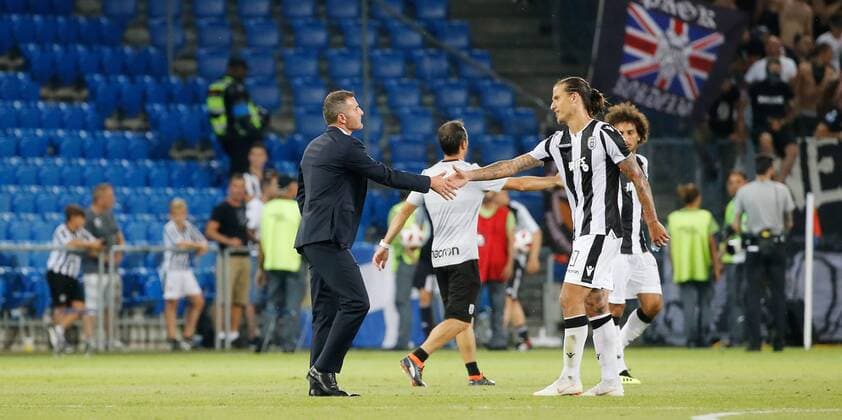 01 08 2018 St Jakob Park Basel SWITZERLAND Season 2018 2019 UEFA Champions League Qualifying return leg FC Basel PAOK Salonika Coach Alexander Frei FC Basel Aleksandar Prijovic PAOK