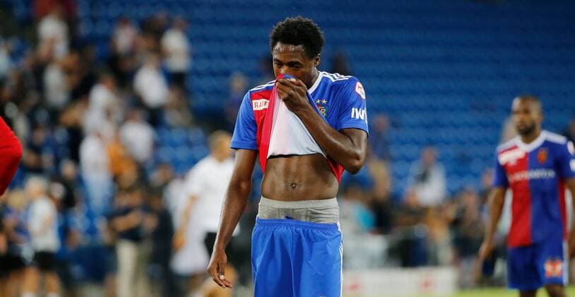01 08 2018 St Jakob Park Basel SWITZERLAND Season 2018 2019 UEFA Champions League Qualifying return leg FC Basel PAOK Salonika Dimitri Oberlin FC Basel are disappointed after the match