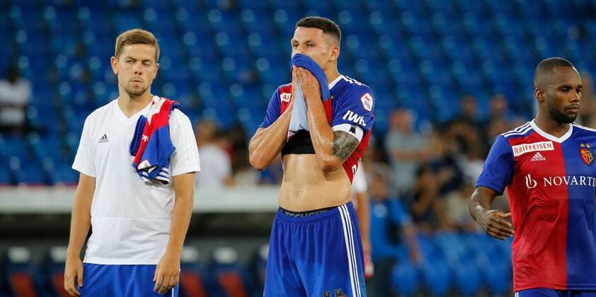 01 08 2018 St Jakob Park Basel SWITZERLAND Season 2018 2019 UEFA Champions League Qualifying return leg FC Basel PAOK Salonika Marek Suchy FC Basel are disappointed after the match
