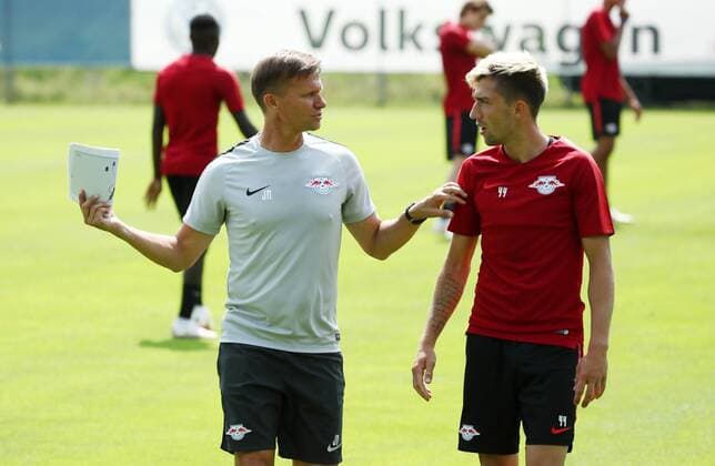 RBLeipzig training camp football 1 BL Seefeld 02 08 2018 Soccer GER 1 Bundesliga RB Leipzig training camp in Tyrol Austria In the picture v l Co coach Jesse Marsch and Kevin Kampl