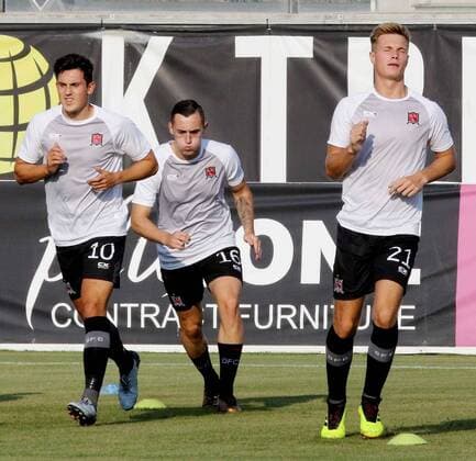 UEFA Europa League Second Qualifying Round Second Leg, AEK Arena, Larnaca, Cyprus 2 8 2018 AEK Larnaca vs Dundalk Dundalk s Jamie McGrath, Dylan Connolly and Daniel Cleary Jamie McGrath, Dylan Connolly and Daniel Cleary 2 8 2018  Copyright: x©INPHO SavvidesxPressxSportsx SAKI5406