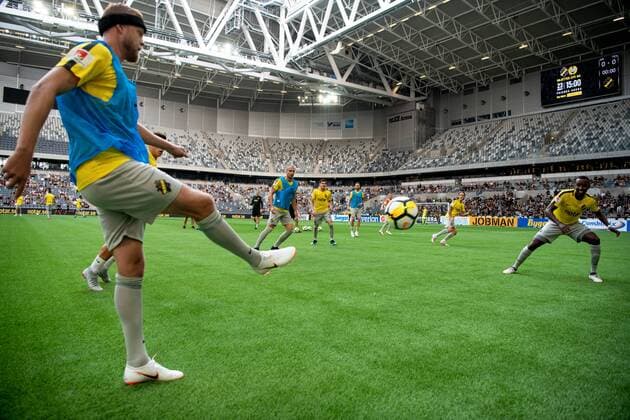 180802 Daniel Sundgren and Henok Goitom or AIK prior to the UEFA Europe League qualifying match between AIK and Nordsjälland on August 2, 2018 in Stockholm  Copyright: JONATHANxNÄCKSTRAND BB180802JN006