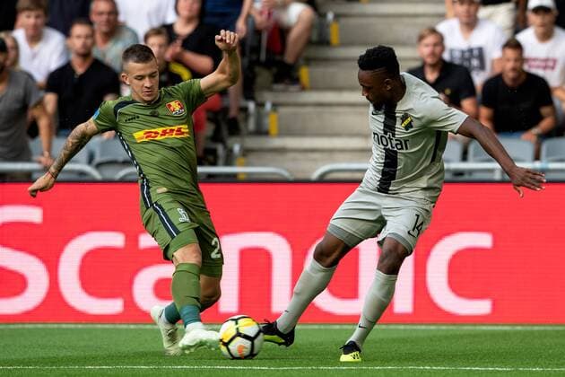 180802 Karlo Bartolec of Nordsjælland and Heradi Rashidi of AIK during the UEFA Europe League qualifying match between AIK and Nordsjälland on August 2, 2018 in Stockholm  Copyright: JONATHANxNÄCKSTRAND BB180802JN009