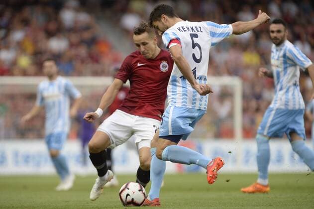 L-R Josef Sural (Sparta) and Dejan Kerkez (Subotica) in action during a return match of 2nd qualifying round of UEFA Europa League between AC Sparta Praha and FK Spartak Subotica, in Prague, Czech Republic, on August 2, 2018. (CTKxPhoto KaterinaxSulova) CTKPhotoP201808020815301  _SUK3715