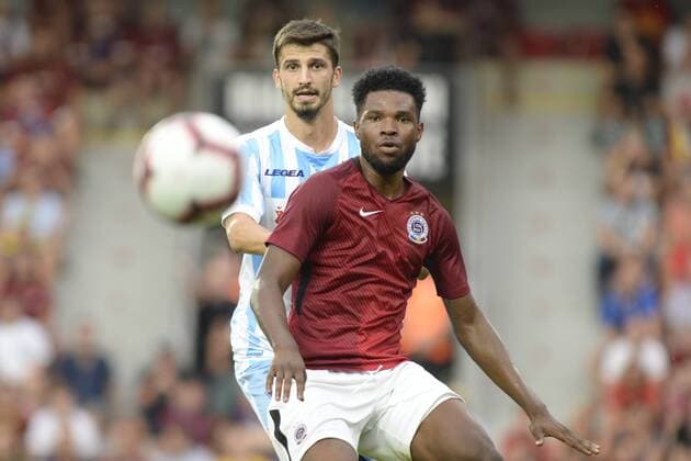 L-R Dejan Kerkez (Subotica) and Benjamin Tetteh (Sparta) in action during a return match of 2nd qualifying round of UEFA Europa League between AC Sparta Praha and FK Spartak Subotica, in Prague, Czech Republic, on August 2, 2018. (CTKxPhoto KaterinaxSulova) CTKPhotoP201808020830001  _SUK3806