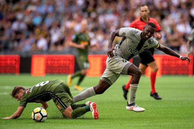 180802 Magnus Kofod Andersen or Nordsjälland and Henok Goitom or AIK during the UEFA Europe League qualifying match between AIK and Nordsjälland on August 2, 2018 in Stockholm  Copyright: JONATHANxNÄCKSTRAND BB180802JN021