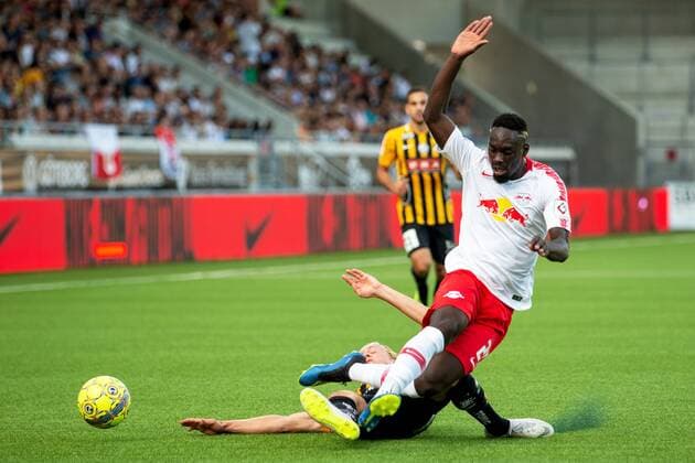 180802 Gustav Berggren of Häcken and Jean Kevin Augustin of Leipzig during the UEFA Europe League qualifying match between Häcken and RB Leipzig on August 2, 2018 in Gothenburg  Copyright: MICHAELxERICHSEN BB180802MI041