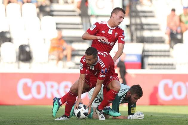 MYJAVA 02.08.2018 PILKA NOZNA LIGA EUROPY II RUNDA KWALIFIKACJI SECOND ROUND QUALIFICATION UEFA EUROPA LEAGUE AS TRENCIN - GORNIK ZABRZE NZ. IGOR ANGULO (GORNIK) DANIEL SMUGA (GORNIK) IGOR SEMRINEC (AS TRENCIN) FOT. MICHAL CHWIEDUK FOKUSMEDIA NEWSPIX.PL --- Newspix.pl  180802CHW054