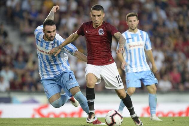L-R Branimir Jocic (Subotica) and Nicolae Stanciu (Sparta) in action during a return match of 2nd qualifying round of UEFA Europa League between AC Sparta Praha and FK Spartak Subotica, in Prague, Czech Republic, on August 2, 2018. (CTKxPhoto KaterinaxSulova) CTKPhotoP201808020882101  _SUK3971