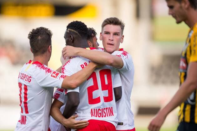 180802 Massimo Bruno or Leipzig celebrates with his teammates after scoring 0 1 during the UEFA Europe League qualifying match between Häcken and RB Leipzig on August 2, 2018 in Gothenburg  Copyright: MICHAELxERICHSEN BB180802MI049