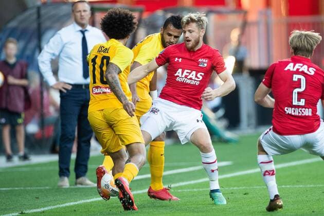 Isael of FC Kairat Almaty, Anderinsola Habib Eseola of FC Kairat Almaty, Fredrik Midtsjo of AZ during the UEFA Europa League second round qualifying match between AZ Alkmaar and FC Kairat at the AFAS stadium on August 02, 2018 in Alkmaar, The Netherlands UEFA Europa League 2018 2019 xVIxVIxImagesx xTomxBodexMultimediaxIVx 11651970