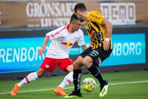180802 Oliver Bias of Leipzig and Mervan Celik of Häcken during the UEFA Europe League qualifying match between Häcken and RB Leipzig on August 2, 2018 in Gothenburg  Copyright: MICHAELxERICHSEN BB180802MI068