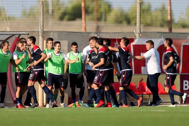 HÅ K Zrinjski celebrate scoring during the UEFA Europa League, second Qualifying Round, second leg match between Valletta FC and HÅ K Zrinjski at the Centenary Stadium, Ta Qali, Malta on 02 August, 2018. Valletta FC v HÅ K Zrinjski UEL_18_19