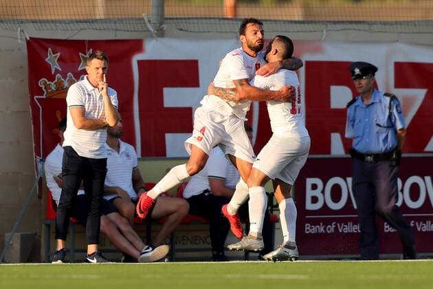 Valletta FC defender Steve Borg ($) celebrates with team mate Joseph Zerafa after scoring against HÅ K Zrinjski during the UEFA Europa League, second Qualifying Round, second leg match between Valletta FC and HÅ K Zrinjski at the Centenary Stadium, Ta Qali, Malta on 02 August, 2018. Valletta FC v HÅ K Zrinjski UEL_18_19