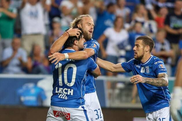2018.08.02 Poznan Pilka nozna II runda kwalifikacji Liga Europy Lech Poznan - FC Szachtior Soligorsk N z Christian Gytkjaer gol radosc bramka Darko Jevtic Pedro Tiba Foto Pawel Jaskolka PressFocus NEWSPIX.PL 2018.08.02 Poznan Football UEFA Europa League II qualifying round Lech Poznan - FC Shakhtyor Soligorsk Credit: Pawel Jaskolka PressFocus --- Newspix.pl  20180802_PF_PJ015
