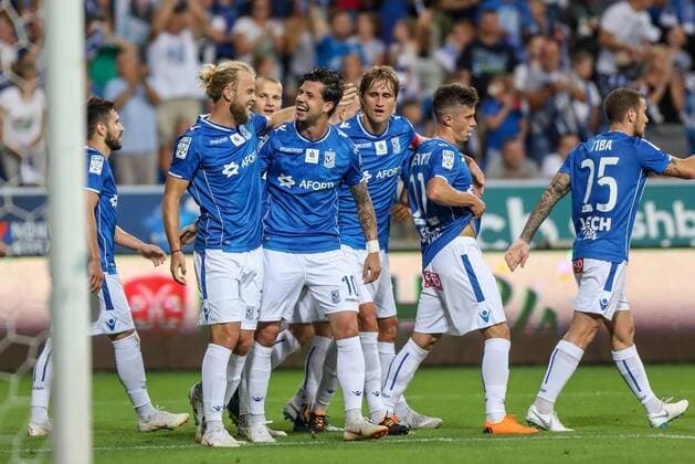 2018.08.02 Poznan Pilka nozna II runda kwalifikacji Liga Europy Lech Poznan - FC Szachtior Soligorsk N z Christian Gytkjaer gol radosc bramka Darko Jevtic Thomas Rogne Foto Pawel Jaskolka PressFocus NEWSPIX.PL 2018.08.02 Poznan Football UEFA Europa League II qualifying round Lech Poznan - FC Shakhtyor Soligorsk Credit: Pawel Jaskolka PressFocus --- Newspix.pl  20180802_PF_PJ017