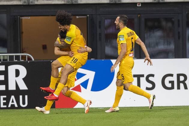 ALKMAAR , 02-08-2018 , AFAS Stadion ,season 2018 2019, Football, 2nd round Europa League qualification . FC Kairat player Bauyrzhan Islamkhan , FC Kairat player Isael and FC Kairat player Gafurzhan Suyumbayev celebrating the goal scored after a penalty during the match AZ - FC Kairat AZ - FC Kairat  x2373212x