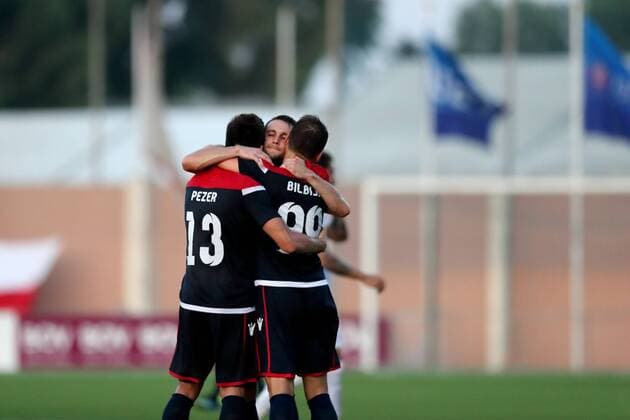 HÅ K Zrinjski players celebrate qualification at the final whistle of the UEFA Europa League, second Qualifying Round, second leg match between Valletta FC and HÅ K Zrinjski at the Centenary Stadium, Ta Qali, Malta on 02 August, 2018. Valletta FC v HÅ K Zrinjski UEL_18_19
