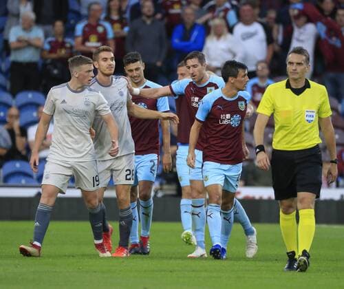 2nd August 2018, Turf Moor, Burnley, England; UEFA Europa League qualification, second qualifying round, 2nd leg, Burnley versus Aberdeen; tensions increase as the referee blows for half time  ActionPlus12052087 ConorxMolloy