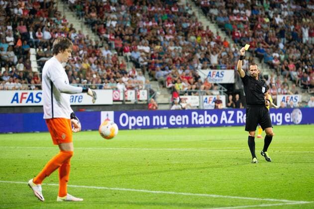 goalkeeper Vladimir Plotnikov of FC Kairat Almaty, referee Dimitar Meckarovski during the UEFA Europa League second round qualifying match between AZ Alkmaar and FC Kairat at the AFAS stadium on August 02, 2018 in Alkmaar, The Netherlands UEFA Europa League 2018 2019 xVIxVIxImagesx xTomxBodexMultimediaxIVx 11652837
