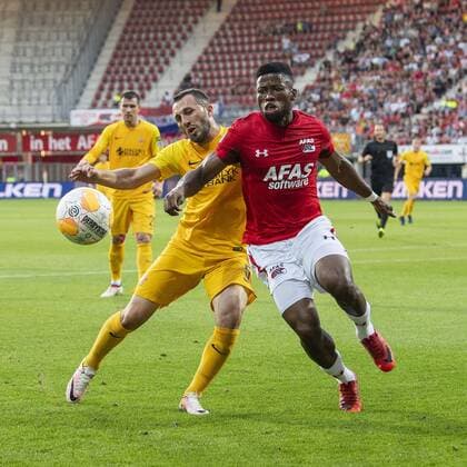 ALKMAAR , 02-08-2018 , AFAS Stadion ,season 2018 2019, Football, 2nd round Europa League qualification . FC Kairat player Gafurzhan Suyumbayev and AZ player Fred Friday during the match AZ - FC Kairat AZ - FC Kairat  x2373317x
