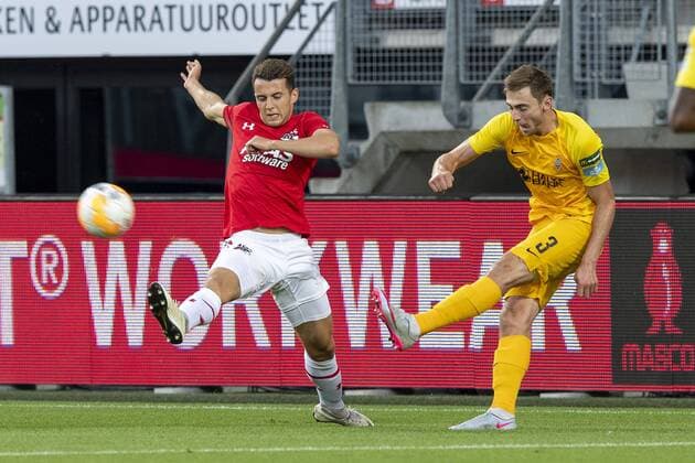 ALKMAAR , 02-08-2018 , AFAS Stadion ,season 2018 2019, Football, 2nd round Europa League qualification . AZ player Oussama Idrissi and FC Kairat player Yan Vorogovskiy during the match AZ - FC Kairat AZ - FC Kairat  x2373326x