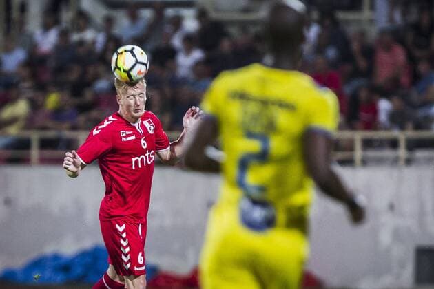 2nd August 2018, Cair Stadium, Nis, Serbia; UEFA Europa League qualification, second qualifying round, 2nd leg; Radnicki Nis versus Maccabi Tel Aviv; Radovan Pankov of Radnicki Nis clears the danger with his head  ActionPlus12052098 NikolaxKrstic