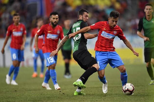 FCSB - NK Rudar Velenje FCSB s Olimpiu Morutan, right, in action agains NK Rudar Velenje s Robert Pusaver during FCSB - NK Rudar Velenje - UEFA Europa League 2018 2019, Second Qualifying Round: 2st leg, National Arena, Bucharest, Romania, 02 August 2018 Copyright: xAlexxNicodimx