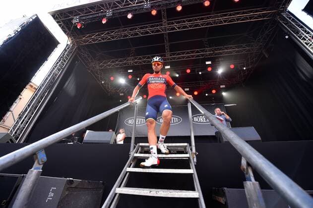 Italian Sonny Colbrelli of Bahrain-Merida pictured on the start podium of the 14th edition of the Natourcriterium Herentals cycling event, Thursday 02 August 2018 in Herentals. The contest is a part of the traditional criteriums , local races in which mainly cyclists who rode the Tour de France compete. LUCxCLAESSEN  x05397043x