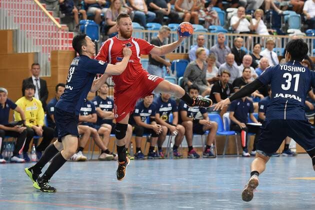 Handball Men Season 2018 19 Mini Turniner at MBS Arena Japan 1 VfL Potsdam Kohei Narita No 18 Japan Marek Kovacech No 25 1 VfL Potsdam Tatsuki Yoshino No 31 Japan 03 08 18 Copyright: xMichaelxHundtx xMatthiasxKochx