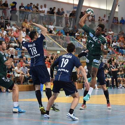Handball Men Season 2018 19 Mini Turniner in the MBS Arena Füchse Berlin Japan Kohei Narita No. 18 Japan Shinnosuke Tokuda No. 19 Japan Wael Jallouz No. 42 Füchse Berlin 03 08 18 Copyright: xMichaelxHundtx xMatthiasxKochx