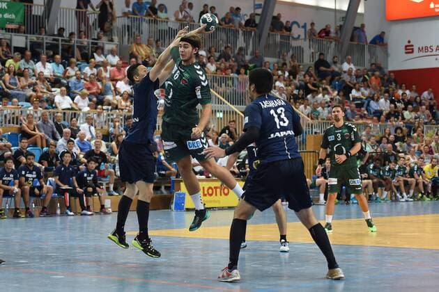 Handball Men Season 2018 19 Mini Turniner in the MBS Arena Foxes Berlin Japan Kohei Narita No. 18 Japan Jacob Tandrup Holm No. 6 Foxes Berlin Kenya Kasahara No. 13 Japan 03 08 18 Copyright: xMichaelxHundtx xMatthiasxKochx