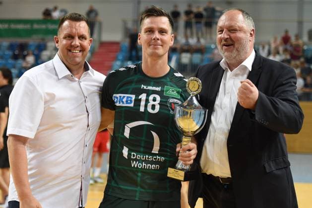 Handball Men Season 2018 19 Mini Turniner in the MBS Arena 1 VfL Potsdam Foxes Berlin Matthias Auth OK Chef Berlin Handball World Cup Hans Lindberg Nr 18 Füchse Berlin DHB President Andreas Michelmann 03 08 18 Copyright: xMichaelxHundtx xMatthiasxKochx