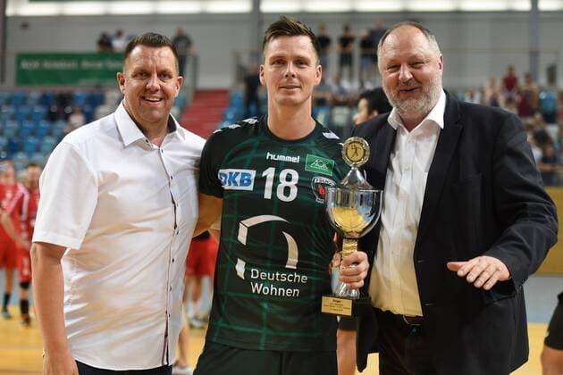 Handball Men Season 2018 19 Mini Turniner in the MBS Arena 1 VfL Potsdam Foxes Berlin Matthias Auth OK Chef Berlin Handball World Cup Hans Lindberg Nr 18 Füchse Berlin DHB President Andreas Michelmann 03 08 18 Copyright: xMichaelxHundtx xMatthiasxKochx