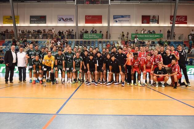 Handball Men Season 2018 19 Mini Turniner in the MBS Arena 1 VfL Potsdam Füchse Berlin Group photo at the end with the three teams 03 08 18 Copyright: xMichaelxHundtx xMatthiasxKochx