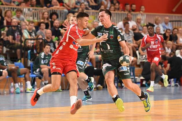 Handball Men Season 2018 19 Mini Turniner in the MBS Arena 1 VfL Potsdam Foxes Berlin Levi Schwark No. 98 1 VfL Potsdam Hans Lindberg No. 18 Füchse Berlin 03 08 18 Copyright: xMichaelxHundtx xMatthiasxKochx