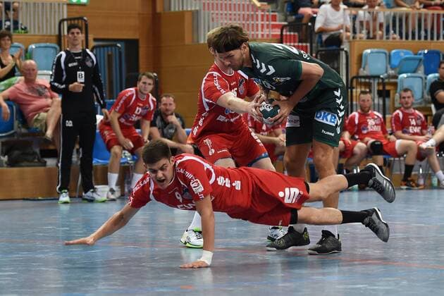 Handball Men Season 2018 19 Mini Turniner in the MBS Arena 1 VfL Potsdam Foxes Berlin Phil Lukas Winter No. 35 1 VfL Potsdam Robin Hunt No. 9 1 VfL Potsdam Erik Schmidt No. 28 Füchse Berlin 03 08 18 Copyright: xMichaelxHundtx xMatthiasxKochx