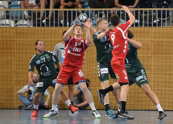 Handball Men Season 2018 19 Mini Turniner in the MBS Arena 1 VfL Potsdam Foxes Berlin Mattias Zachrisson Nr 21 Füchse Berlin Jacques Caspar Nr 3 1 VfL Potsdam Christoph Reißky Nr 43 Foxes Berlin Robin Hunt Nr 9 1 VfL Potsdam 03 08 18 Copyright: xMichaelxHundtx xMatthiasxKochx