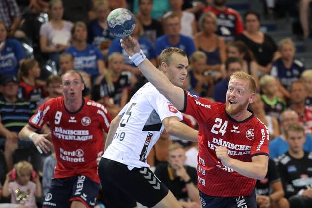 17 Jacob Cement Cup Handball Test match 03 08 18 Jim Gottfridsson SG Flensburg Handewitt 24 against Andreas Holst Jensen Aalborg Handbold 15 xmmkx