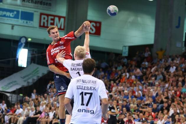 17 Jacob Cement Cup Handball Test match 03 08 18 Magnus Roed SG Flensburg Handewitt 77 against Tobias Ellebaek Aalborg Handbold 17 and Magnus Saugstrup Aalborg Handbold 14 xmmkx