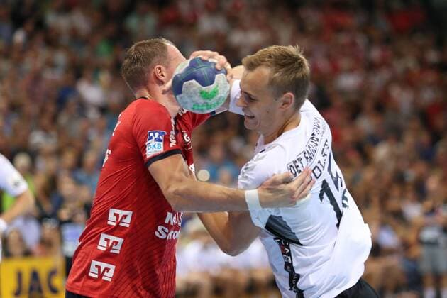 17 Jacob Cement Cup Handball Test match 03 08 18 Andreas Holst Jensen Aalborg Handbold 15 against Holger Glandorf SG Flensburg Handewitt 09 xmmkx