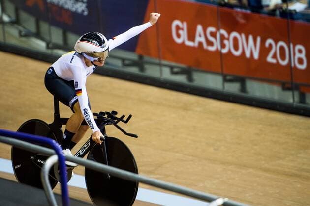 180803 A cyclist of Germany celebrates after the Womens Track Cycling Team Pursuit Bronze Final during the European Championships on August 3, 2018 in Glasgow Photo Jon Olav Nesvold BILDBYR N Code JE 160282  Copyright: JONxOLAVxNESVOLD BB180803JE087