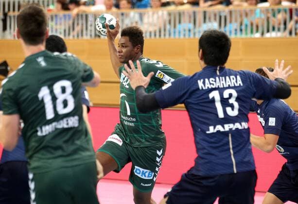 GER 1 HBL FUECHSE BERLIN VS National Team Japan 03 08 2018 Airship Port Berlin GER 1 HBL FUEL BERLIN VS National Team Japan in the picture Wael Jallouz Fuechse Berlin 42 Kenya Kasahra nordphotox xEngler nph00076