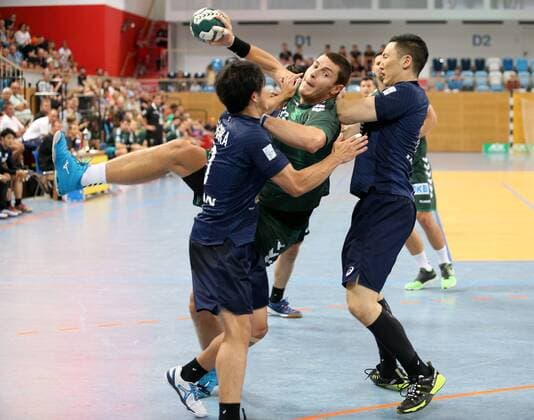 GER 1 HBL FUECHSE BERLIN VS National Team Japan 03 08 2018 Airship Port Berlin GER 1 HBL FUECHSE BERLIN VS National Team Japan in the picture Mijajlo Marsenic Fuechse Berlin 93 Naoki Sugioka nordphotox xEngler nph00076